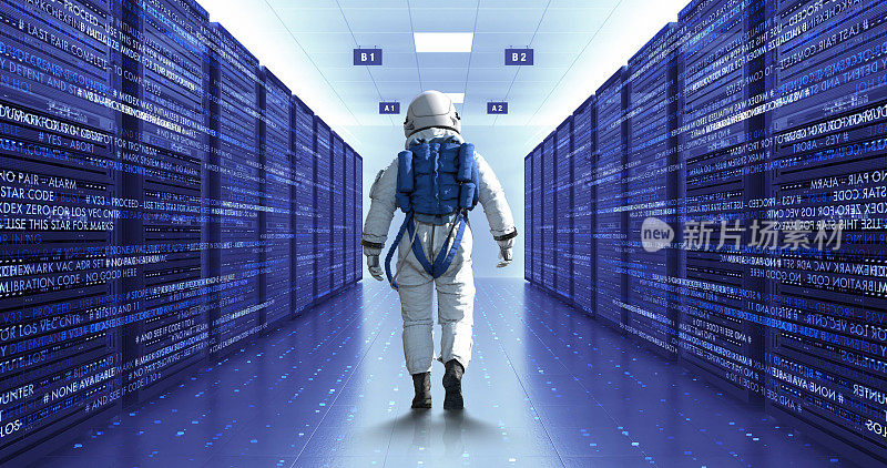 Astronaut's Journey into the AI-Enhanced High-Tech Server Room